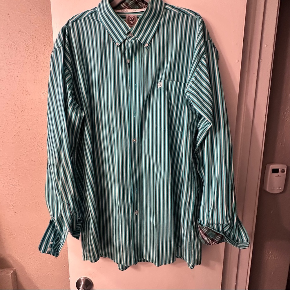 Cinch Men's Teal and White Striped Button-Down Shirt Contrasting Cuff Size XL